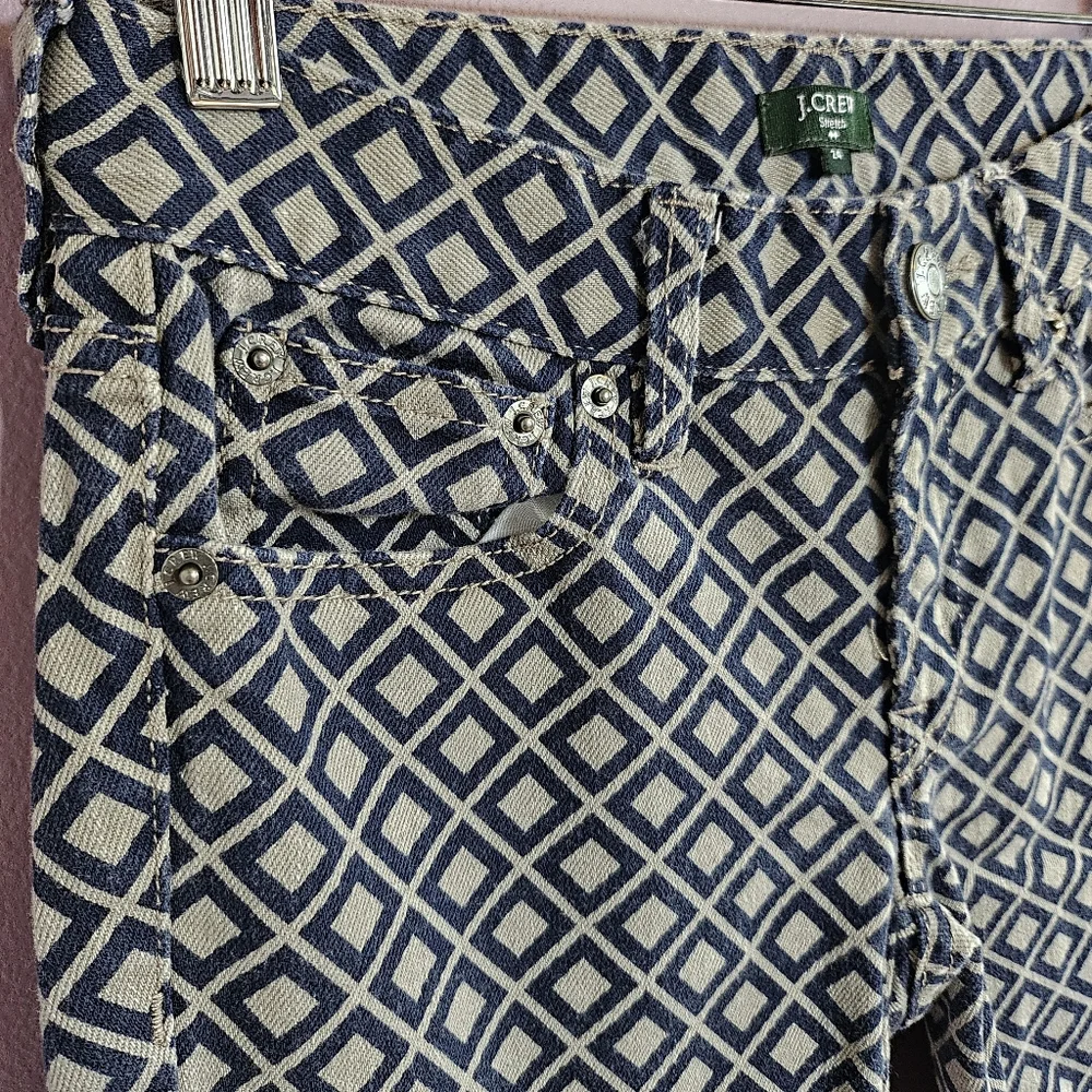 J. Crew Navy & Taupe Geometric Diamond Print Low Rise Stretch Skinny Jeans